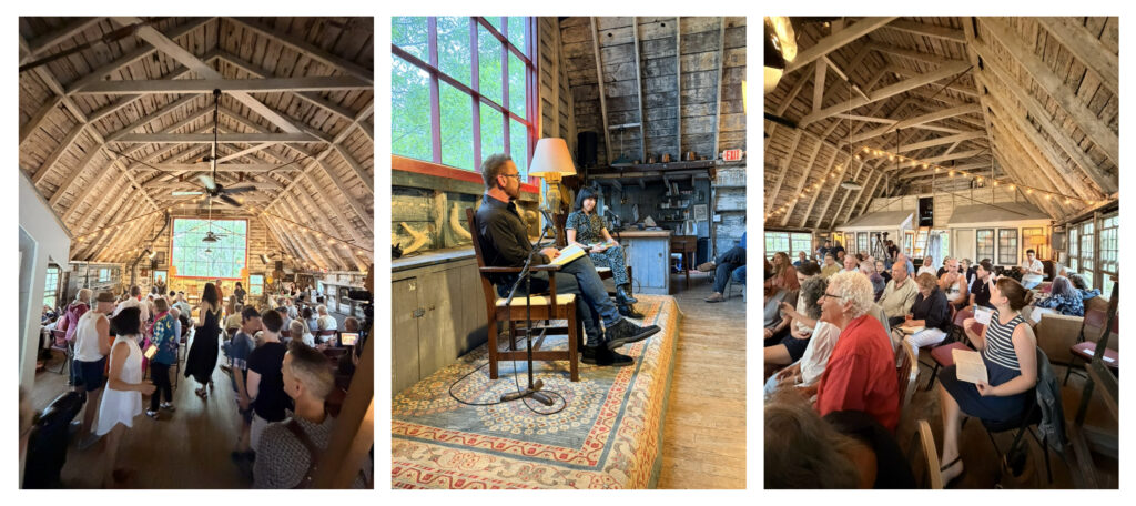 Interior shots of an authors event at the Hawthorne Barn