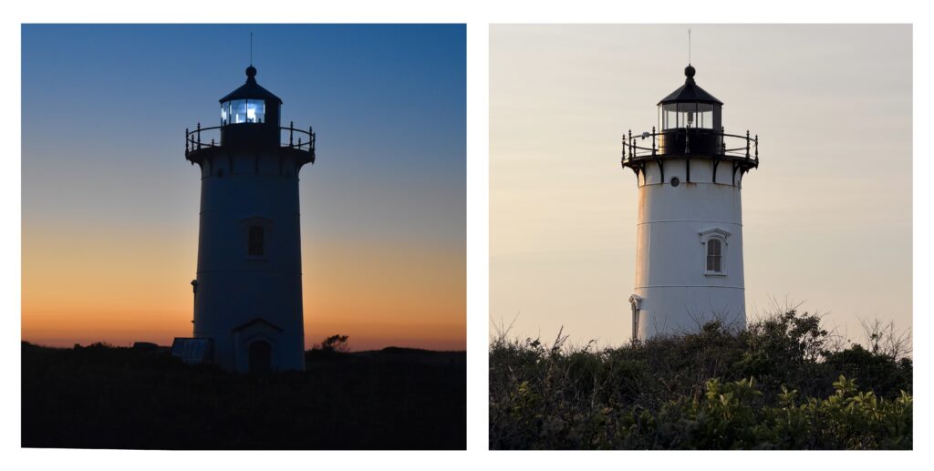 Two images of Race Point Lighthouse at sunset