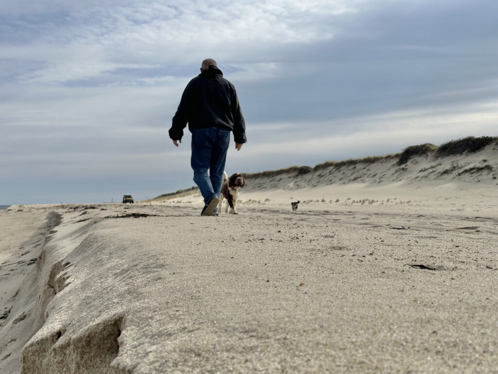 Lone person walking away on a deserted beach.